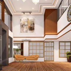 A 3D visualization of a double-height foyer for a luxury apartment tower. The design uses wood paneling, large-scale art, and an open layout to create a grand and welcoming space for residents and guests.