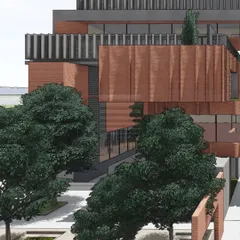 This render for a competition project showcases a design for an institutional sanctuary in Bangalore. The composition balances the solidity of brick and concrete with the transparency of expansive glazing, creating a modern and functional learning environment.