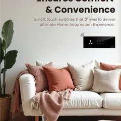 This is where comfort meets convenience. A look at a sleek, black smart touch switch installed in a modern living room, delivering the ultimate home automation experience.