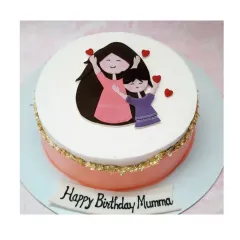A sweet cake for "Happy Birthday Mumma". This choco-vanilla cake features a simple design with a mother and son topper and a touch of gold leaf.