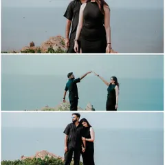 A series of shots featuring the couple in matching black outfits against the vast expanse of the sea, creating a modern and dramatic pre-wedding look.