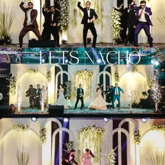 A high-energy collage from a Sangeet night. It showcases the groom's friends dancing, the couple's performance, and the grand stage setup with pyrotechnics.