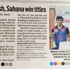 "Aakash, Sahana win titles." A newspaper clipping from DHNS covering their victories in the Under-19 boys' and girls' singles at the CVL Shastry Memorial state championship.