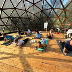 Students are seen here practicing Bhujangasana (Cobra Pose) in unison. This back-bending asana is excellent for strengthening the spine and opening the heart, a common pose in our Hatha yoga classes.