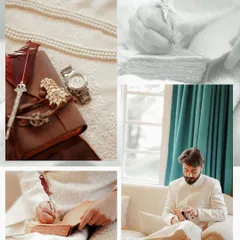 A creative collage of the groom writing in a journal with a quill pen. This tells a story of a groom reflecting on his big day, adding a poetic touch to his portraits.