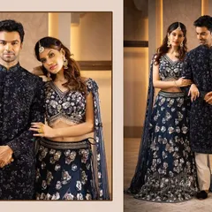 A classic combination of navy blue and intricate floral embroidery. We love helping couples find their perfect coordinated look for any wedding event.