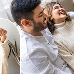 A collage capturing the laughter and joy of an expecting couple, a preview of their journey from puppy cuddles to baby snuggles.