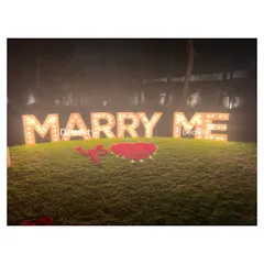 Large, illuminated 'MARRY ME' letters on a grassy knoll, with a heart made of rose petals. This grand statement is a powerful and beautiful way to pop the question.