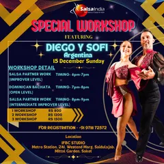We bring the world's best dancers to you. This poster announces a special workshop with Argentinian champions Diego & Sofi, giving our students a chance to learn Salsa and Dominican Bachata from global icons right here in our studio.