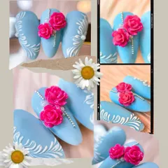 A beautiful example of 5D floral nail art. This collage shows a matte blue base adorned with white painted details and vibrant, sculpted pink roses.