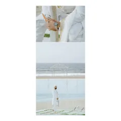 A collage showing the handsome groom getting ready for his beachside wedding, looking dapper and ready for the big day.