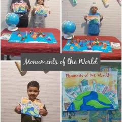 The final creations from our 'Monuments of the World' session. The kids proudly hold up their artwork, which combines different monuments into a single, imaginative piece.