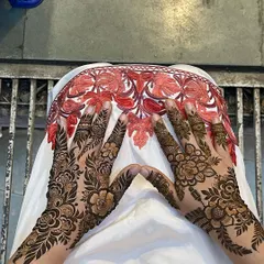 A beautiful example of guest mehndi with a full-coverage floral vine pattern on the back of the hands. This style is very popular for its elegance and intricate look.