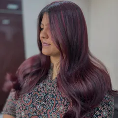 A beautiful cherry blossom red. This color is rich and dimensional, with soft waves that make the tones pop.