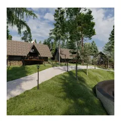 This visualization shows the overall site plan for the 'Into the Wild' resort proposal. The winding path connects individual cottages, creating a journey through a carefully curated landscape of lawns and native trees, encouraging exploration and connection with nature.