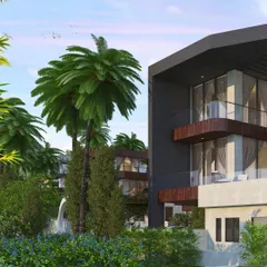 The entrance to one of the luxury villas at Evara. The design incorporates lush landscaping and a contemporary aesthetic to create a sense of sophisticated living amidst nature.