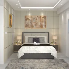 This bedroom exemplifies quiet luxury and Vastu-compliant symmetry. The neutral wall paneling, balanced bedside tables with identical lamps, and serene artwork create a visually calm and orderly space. The plush rug and soft bedding add layers of comfort, making it an ideal retreat for relaxation.