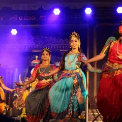A lively moment from our "Nava Durga" performance. The dancers' colorful costumes and joyful expressions capture the festive spirit of Navaratri.