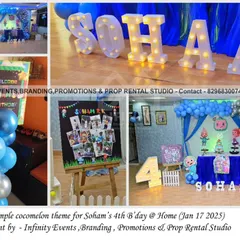 A blue-themed Cocomelon party for Soham's 4th birthday at home. The decor features a curtain backdrop with a balloon arch, a milestone photo display, and large light-up letters spelling out his name.