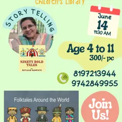 An announcement for a storytelling session featuring folktales from around the world.