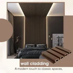A close-up of the WPC wall cladding used as a bed headboard, showing the clean lines and rich brown color. This is a popular choice for bedrooms as it adds warmth and a high-end, hotel-like feel.