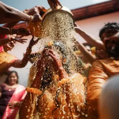 A bride getting drenched during her Haldi bash. We are not afraid to get in the middle of the action to capture these unforgettable, high-energy moments.