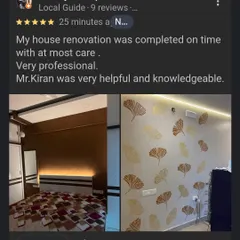 Client satisfaction is my biggest reward. This review highlights my professional approach and on time completion, shown alongside the finished ginkgo leaf stencil and a rich, brown textured wall we completed for the project.