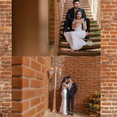 A stylish collage of a couple against a rustic brick wall. This urban pre-wedding shoot has a chic and modern feel, perfect for contemporary love stories.
