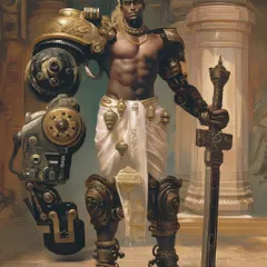 This is a Yuntryodhā, one of the cosmic warrior-engineers from my MahaMachinist Nation world. I design characters that blend ancient Indian aesthetics with advanced mechanical augmentation, perfect for developing lore and visual blueprints for epic sci-fi games or films.