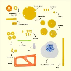 The Cycloid Drawing Machine kit comes with everything you see here. You get the base, gears, marker, and all the screws and clips needed to assemble a machine that creates incredible geometric art, all powered by hand.