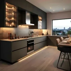 This L-shaped kitchen design is perfect for an open-plan home, featuring dark matte cabinets and a dining table extension. The under-cabinet and toe-kick lighting adds a layer of warmth and sophistication.
