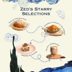 For the Van Gogh immersive experience, I created "Zed's Starry Selections," a special menu with art-inspired treats like the Tiramisu du Louvre and Pain au Chocolat Noir.