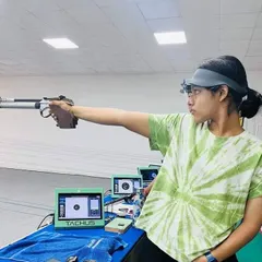 Pranavi in action at the 66th National Shooting Championship, where her score of 568 secured her a spot in the upcoming Indian Team Trials.