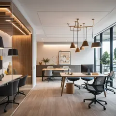 An open and airy workspace designed for a CA firm, featuring natural wood tones and ample daylight. The layout is optimized for collaboration, with shared desks and informal seating areas that encourage interaction and teamwork.