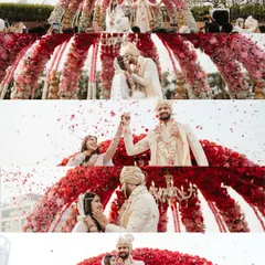 A collage of a spectacular varmala ceremony under a breathtaking red floral dome. It captures everything from the exchange of garlands to the triumphant celebration and intimate hugs.