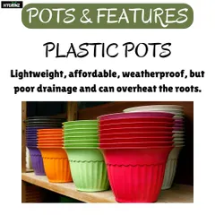 Lightweight and affordable plastic pots come in many colors. They are great for retaining moisture, which is useful for thirsty plants, but make sure they have good drainage holes.