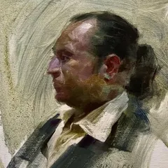 The finished oil on canvas portrait from my live demonstration at the Juhu gallery. The piece captures a quiet, contemplative mood through a muted color palette and expressive, visible brushwork.