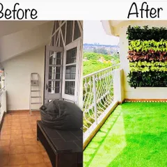 This before and after shows how we can add life to a balcony without sacrificing floor space. The addition of artificial turf and a vertical garden panel instantly creates a lush, green atmosphere.