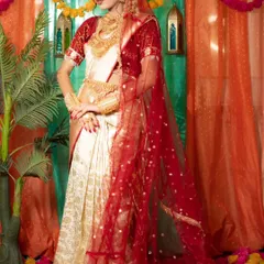 A full-length view of the South Indian bridal look. A beautiful off-white and gold Kanjeevaram style saree is paired with a red dupatta and a full set of authentic temple jewellery.