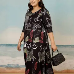 For a more understated yet chic look, this black plus-size dress features a subtle, multi-colored leaf pattern. Its A-line shape provides a comfortable, flowing fit suitable for both casual and formal settings.