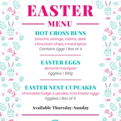 My Easter menu is short, sweet, and festive. It features brioche hot cross buns (contain eggs) and eggless options like almond marzipan eggs and Easter nest cupcakes.