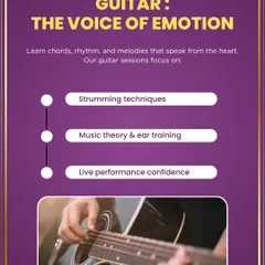 The guitar is the voice of emotion. Our guitar sessions focus on essential strumming techniques, music theory, ear training, and building the confidence you need for live performances.