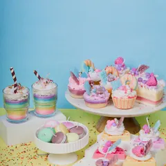 This image captures the sheer variety and fun of my dessert candle collection. You can see everything from rainbow milkshake candles and colorful macarons to detailed cupcakes and waffle slices. Each piece is handcrafted from natural soy wax to look like a delicious treat.
