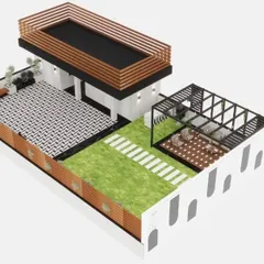 An aerial 3D render of a spacious terrace layout in Najafgarh. This visualization helps clients understand the spatial arrangement, including a tiled patio, a green lawn area, and a covered pergola seating zone.