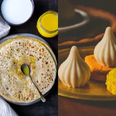 A collage showcasing our special offerings for Ganesh Chaturthi. We prepare traditional favorites like ghee-laden Puranpoli and authentic Ukdiche Modak to help you celebrate the festival with authentic taste.