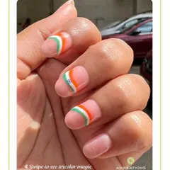 This minimalist tricolor design features clean, curved stripes of the Indian flag colors on a natural base, offering a chic way to show national pride.