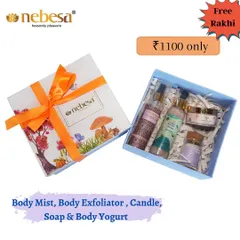 This is one of my popular Rakhi gift hampers. It includes a body mist, body exfoliator, a small candle, a handmade soap, and body yogurt, all beautifully packaged with a free Rakhi. It's a complete self-care kit for your sibling.