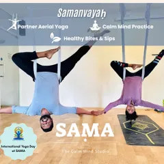 Yoga can also be about connection. This image is from our Partner Aerial Yoga workshop, part of our International Yoga Day celebration. It’s a playful way to build trust and support with a partner while exploring new movements.