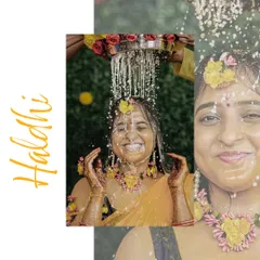 "Turmeric magic moments." This collage captures the bride's laughter during the Haldi ritual, focusing on the splash and her happy reaction.