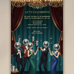 Who says wedding invites have to be traditional? For this cocktail party, we went for a fun, quirky vibe with these disco-ball head illustrations to set the mood for a night of celebration and shenanigans.